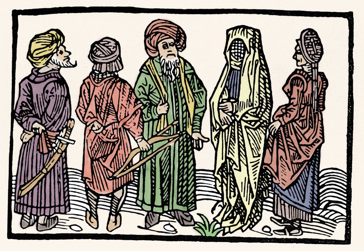 Representation av bovete. Män med armar med sammanflätade huvuden och beslöjade kvinnor. Xylografi av 1400-talet av Unknown artist