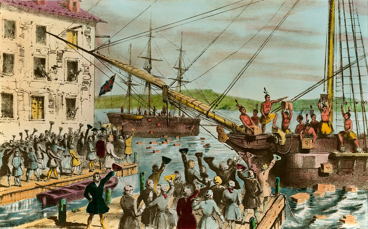 Representation av Boston Tea Party: under USA:s frihetskriget: revolt från amerikanska bosättare (av brittiskt ursprung) mot skatter som införts av det engelska parlamentet på te och andra livsmedel. De äcklade sig själva som indianer och ca av Unknown artist