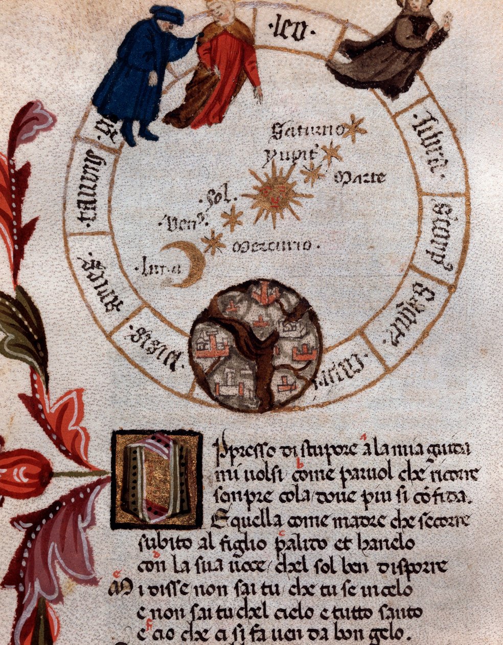 Representation av den italienska poeten Dante Alighieri och det ptolemaiska systemet - Miniatyr av Unknown artist