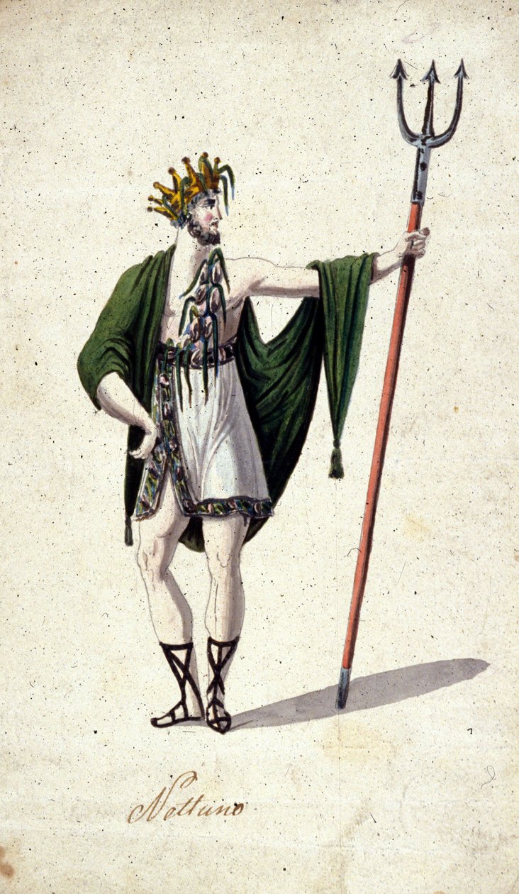 Representation av den romerska guden Neptunus som håller en treudd (identifierar den grekiska Poseidon). Akvarell av 1700-talet. av Unknown artist