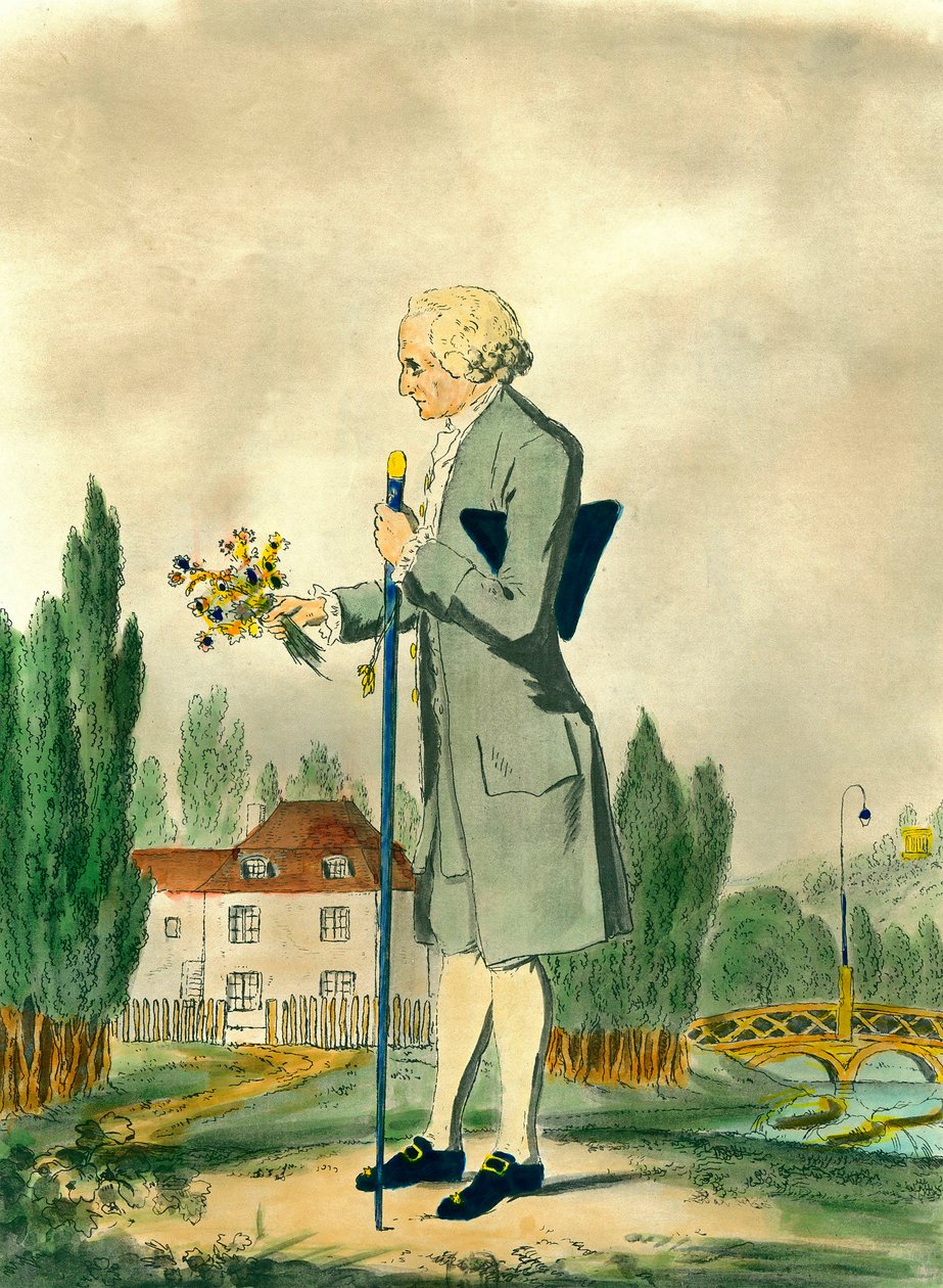 Representation av den schweiziske filosofen Jean Jacques Rousseau (1712-1778) som plockar blommor i Ermenonville. Gravyr av 1700-talet. Privat samling. av Unknown artist