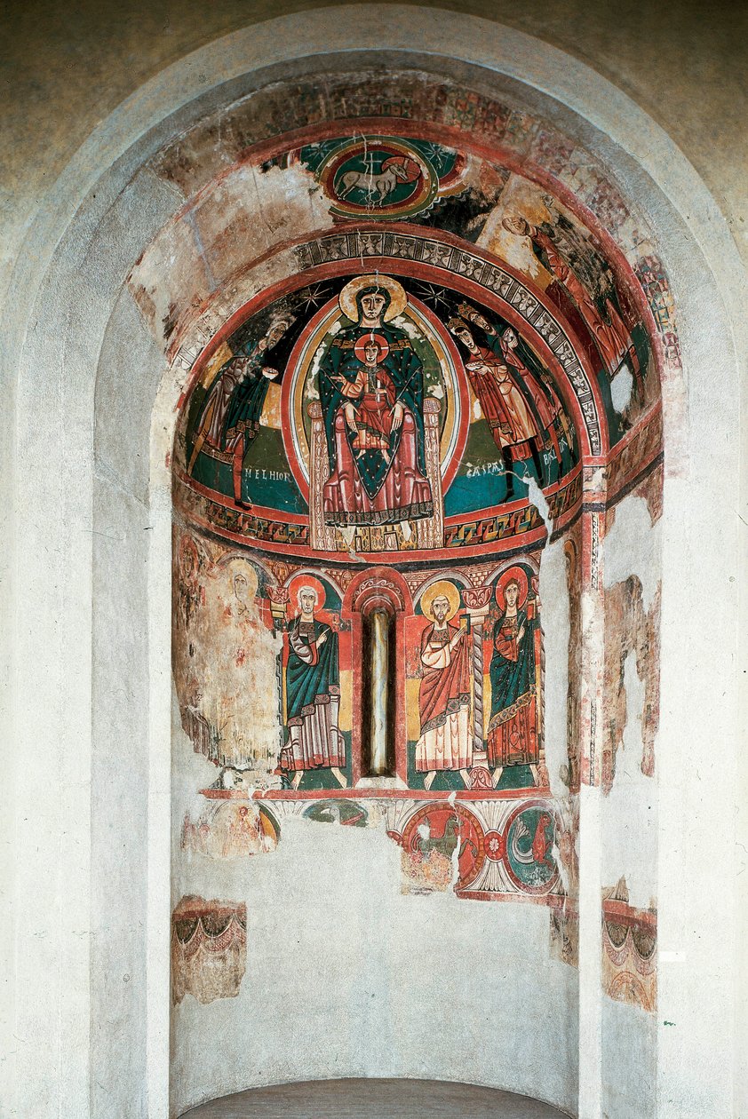Representation av Jungfrun och barnet omgiven av Magi Kings. Fresk från centrala absiden av kyrkan Santa Maria in taull. Omkring 1123. Barcelona. Kataloniens nationalmuseum för konst av Unknown artist