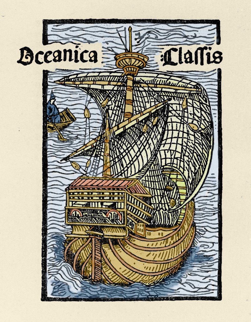 Representation av karavellen Santa Maria av Christopher Columbus (1451-1506). Gravyr från “De insulis in mare Indico super inventis”, Bale 1493-1494 (latinsk översättning av Columbus rapport till kungen av Spanien). av Unknown artist