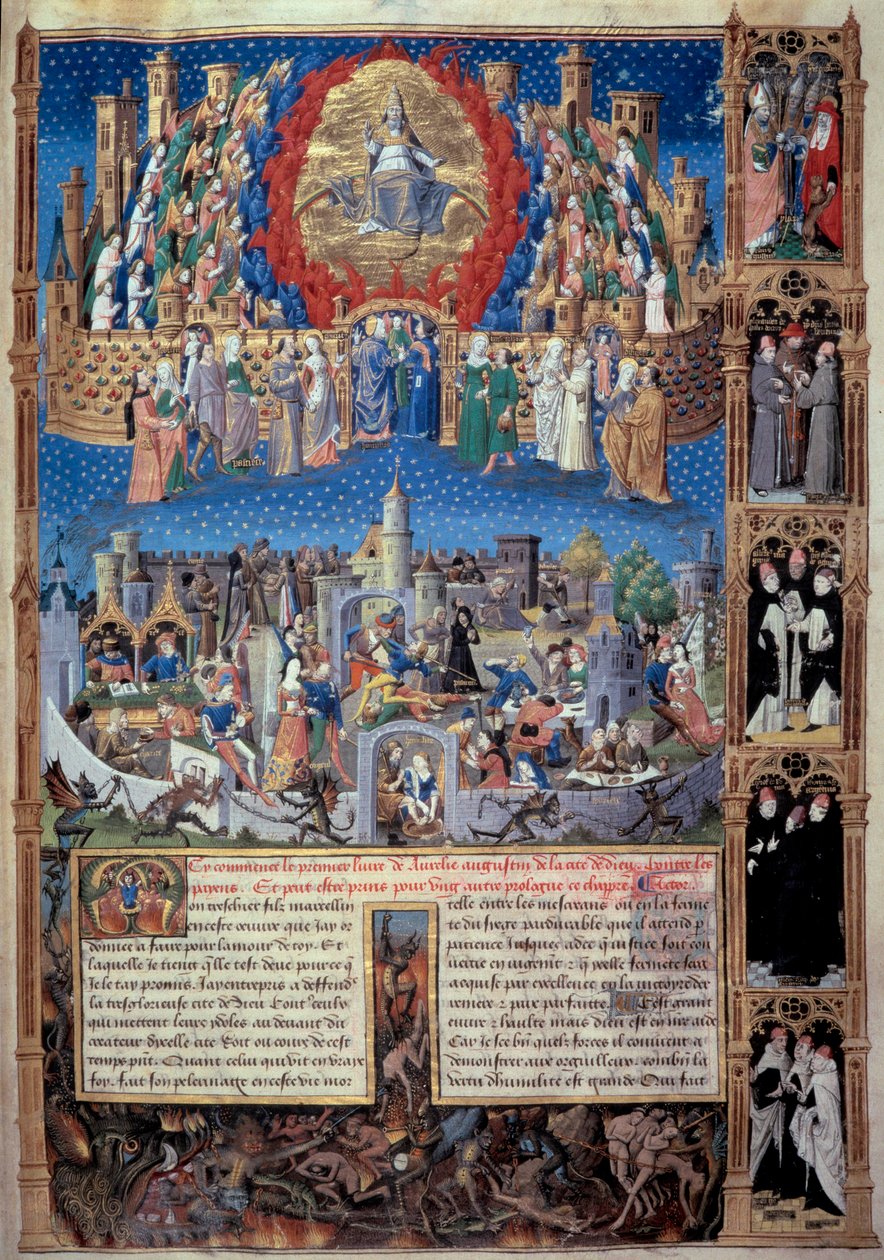 Representation av Guds stad (celeste) och människornas stad (jordisk) Miniatyr hämtad från "" De civitate dei"" (Guds stad) av Saint Augustine of Hippo (354-430), översatt av Raoul de Presles ca. 1480. Macons stadsbibliotek av Unknown artist