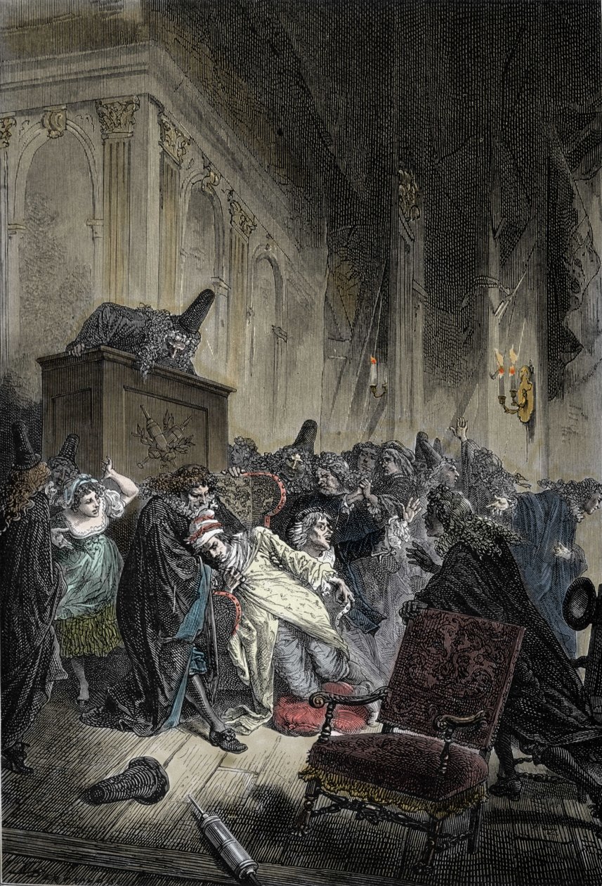 Representation av Jean-Baptiste Poquelins död, dit Moliere (1622-1673), död på grund av lungtäppa under en representation av de "imaginärt sjuka"" den 17/02/1673 av Unknown artist