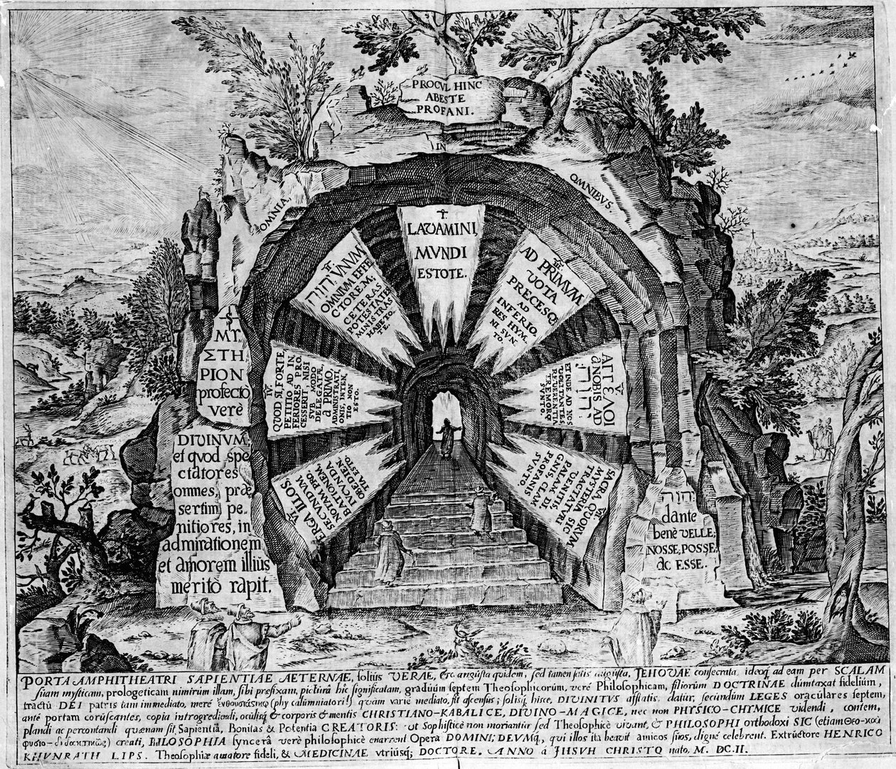 Representation av ingången till House of Mysteres, symbolisk för evigt liv. Gravyr av "Amphitheatrum sapientiae aeternae". (Amphitheatre of eternal visdom) [Hamburg: s.n. av Unknown artist