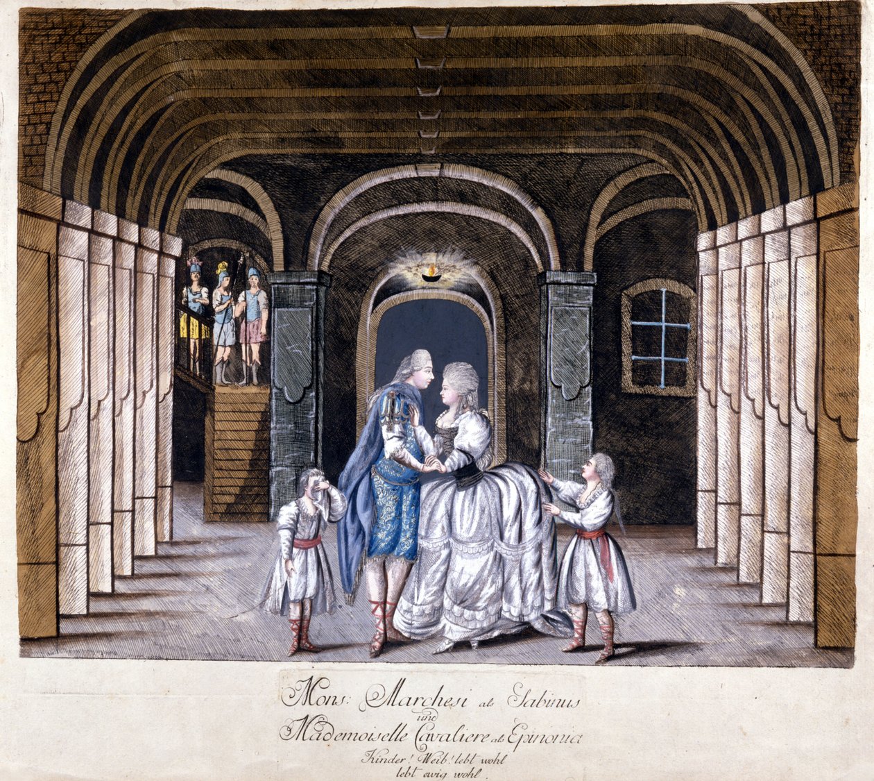 Representation av operan "Giulio Sabino" av Giuseppe Sarti (1729-1802) i Wien 1785. På scen Caterina (Katharina) Cavalieri och kastraten Luigi Marchesi. Milano av Unknown artist