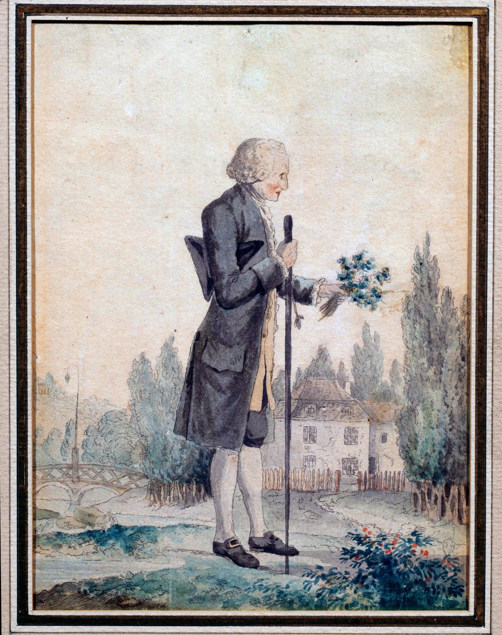 Representation av filosofen Jean Jacques Rousseau (1712-1778) som plockar blommor i Ermenonville. Akvarell av 1700-talet. Paris, Musée Carnavalet av Unknown artist