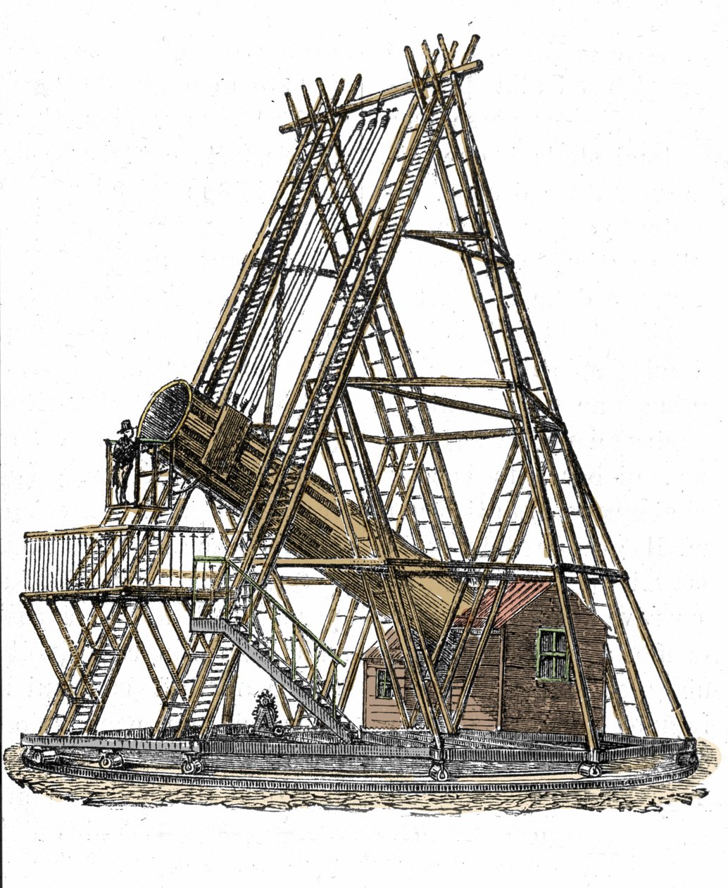 Representation av den engelske astronomen William Herschels (1738-1822) teleskop. Gravyr av 1800-talet av Unknown artist