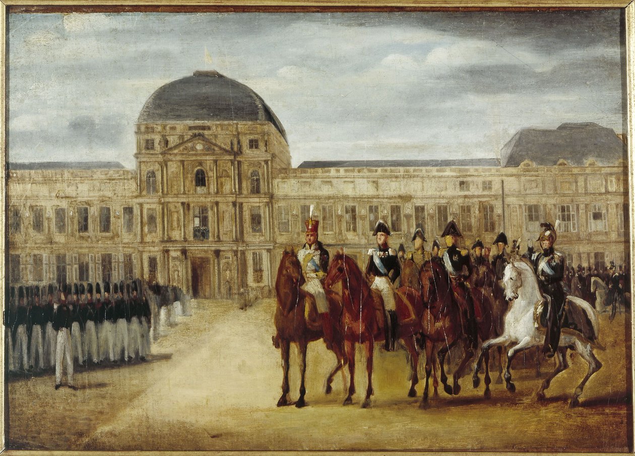 Granskning framför Château des Tuileries, ca 1820. Nuvarande 1:a arrondissementet, mellan 1815 och 1825 (olja på duk) av Unknown artist