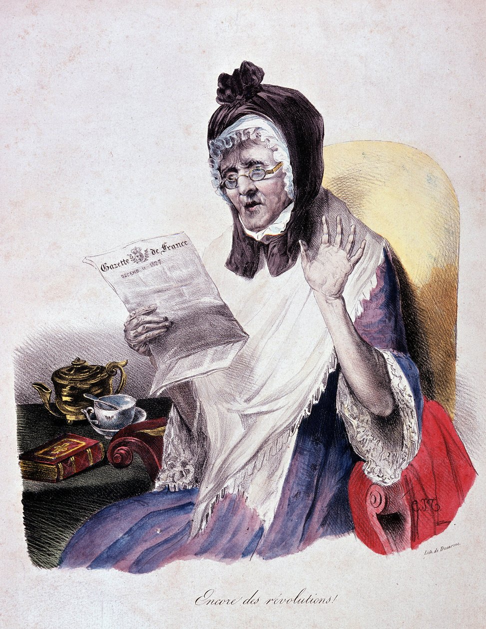 Revolution 1830: "Encore des revolutions"" ropar en gammal kvinna som läser Gazette de France - gravyr av Unknown artist