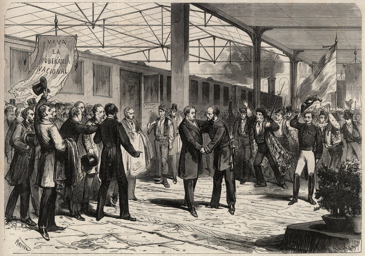 Septemberrevolutionen 1868 i Spanien (Gloriosa): anländer från Salustiano Olozaga (1805-1873) i Madrid. Gravyr i "" L