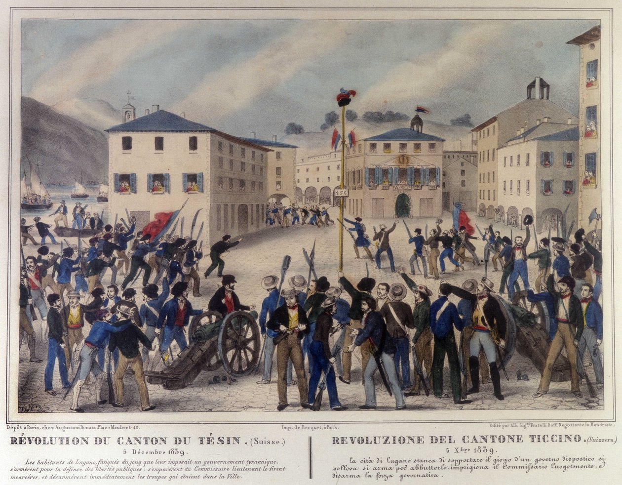 Revolution av kantonen Ticino i Schweiz den 5 december 1859. Gravyr av 1800-talet. av Unknown artist