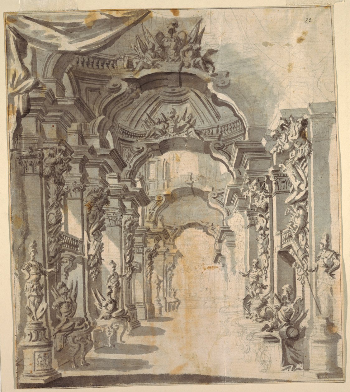Rikt dekorerat galleri (med troféer på piedestaler) av Unknown artist