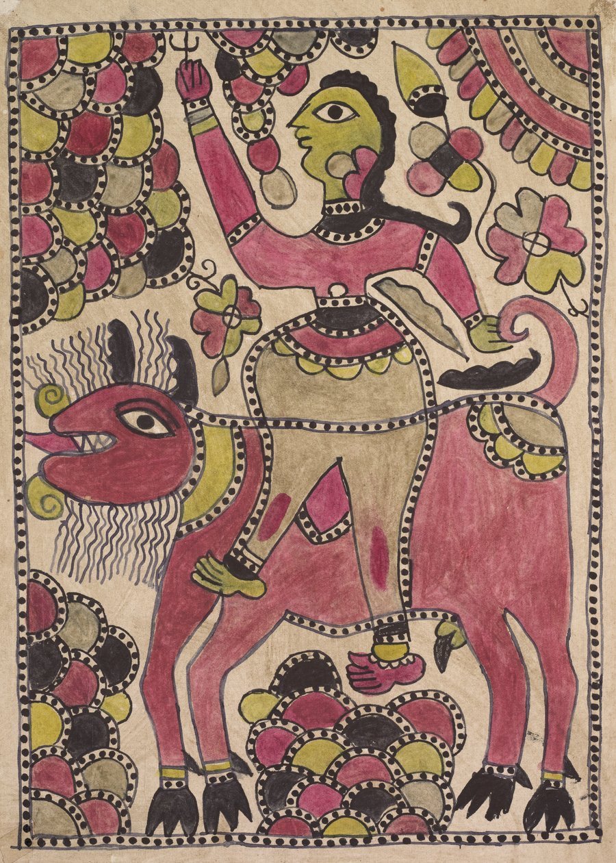 Ryttare och fyrbent nötkreatur i lila, chartreuse och svart palett av Unknown artist