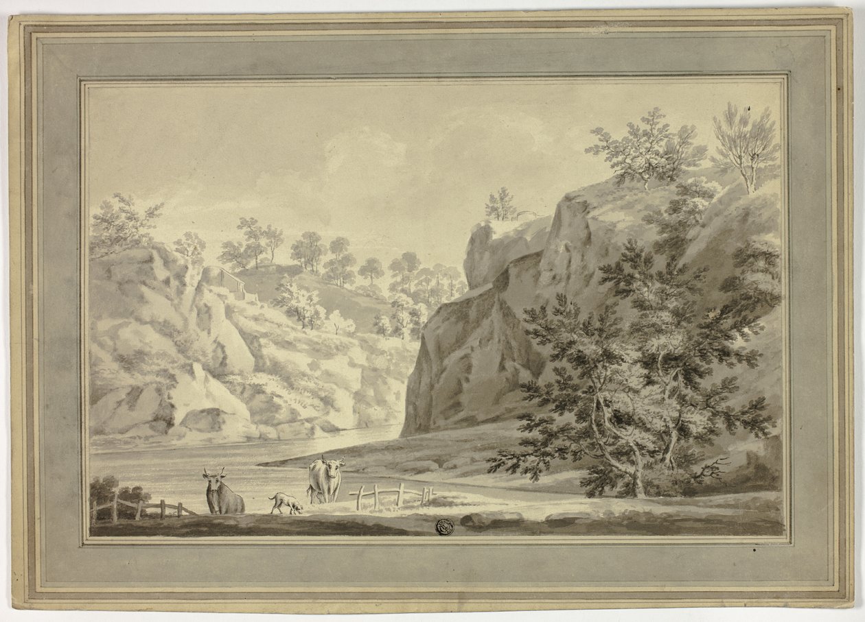 Flodlandskap med kor och hund i förgrunden av Unknown artist