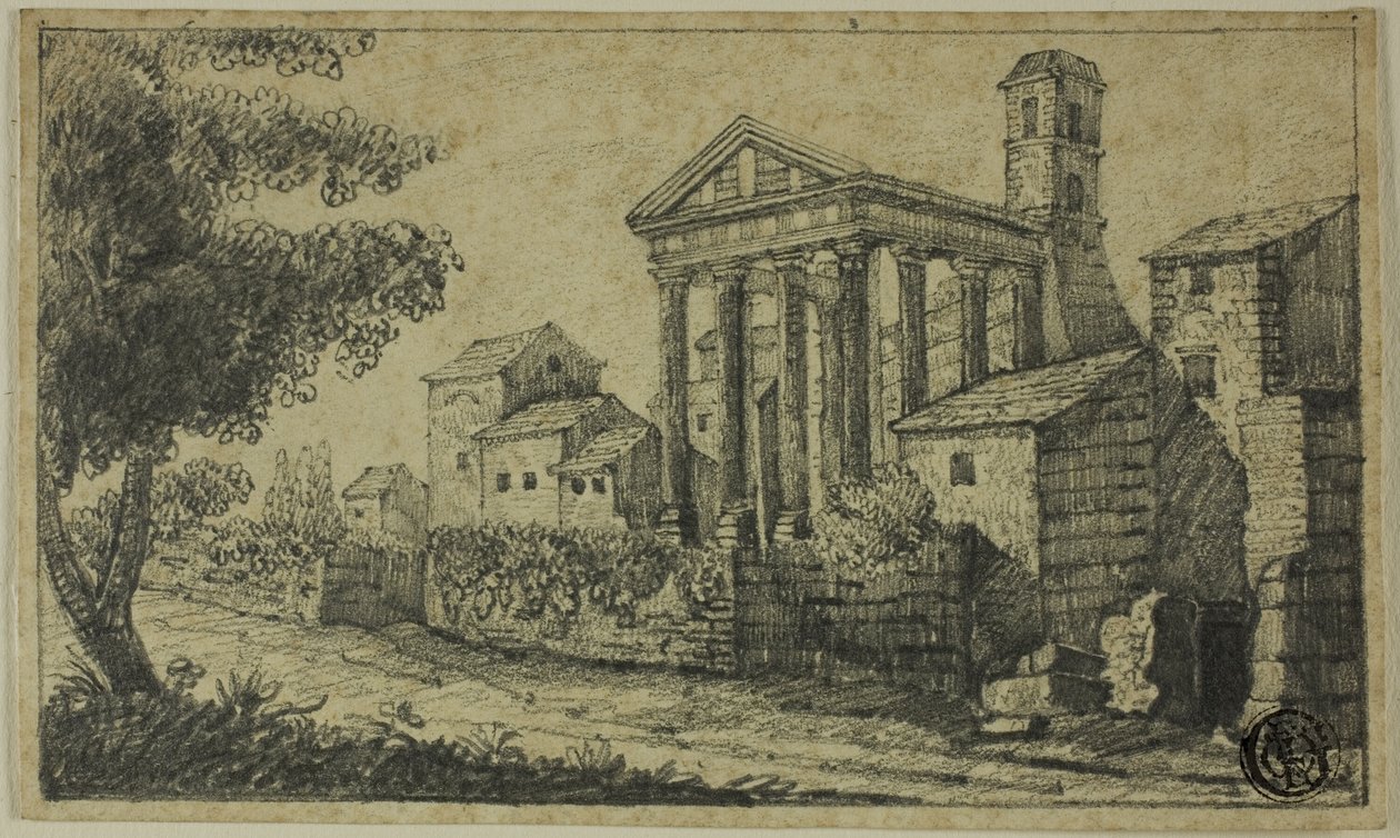 Flodlandskap med romerskt tempel av Unknown artist