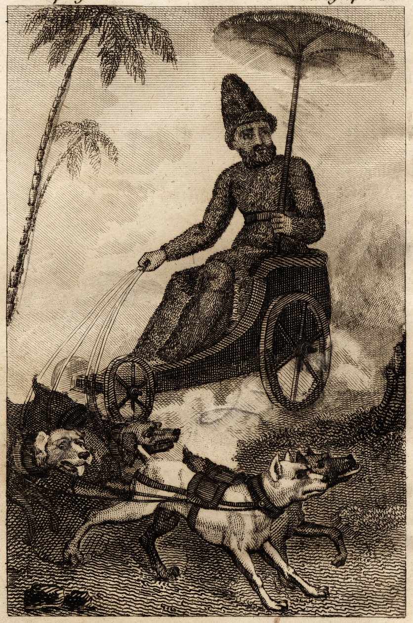 Robinson Crusoe på sin vagnträning av sex doger, gravyr insatt i "Les aventures de Robinson Crusoe" av Daniel Defoe av Unknown artist