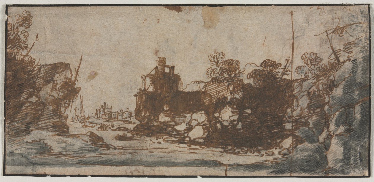 Rocky Inlet med båtar och byggnader (recto) av Unknown artist