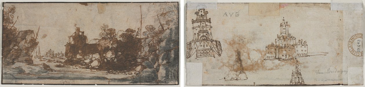Rocky Inlet med båtar och byggnader (recto); Skisser av slott (verso) av Unknown artist