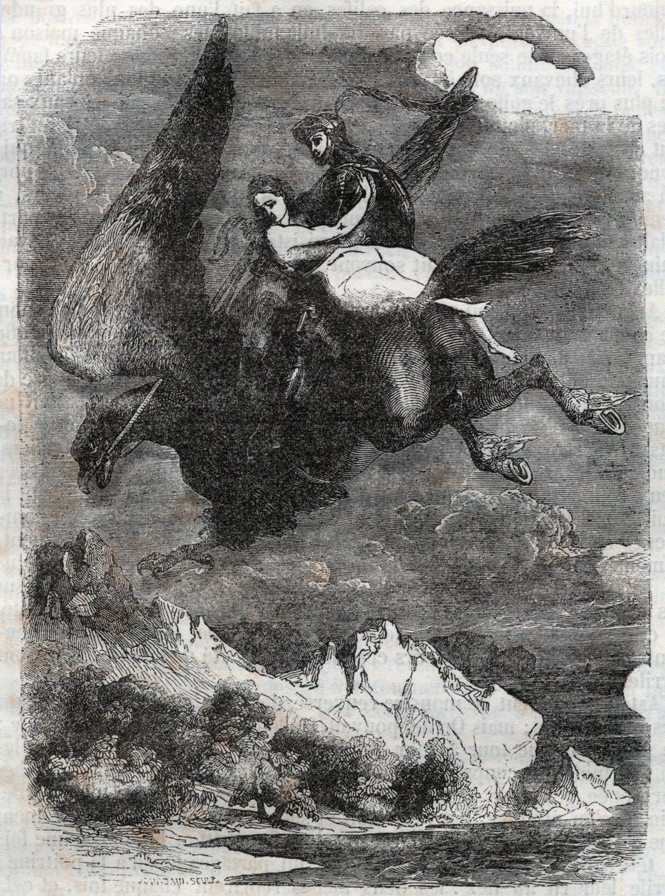 Roger (Ruggero, Ruggiero) och Angelique (Angelica) på flodhästen - gravyr från 1851 från "" Roland furieux"" (1500-talet) av Ludovico Ariosto, känd som Ariosto - Upplaga översatt från italienska av greven av Tressan och publicera av Unknown artist