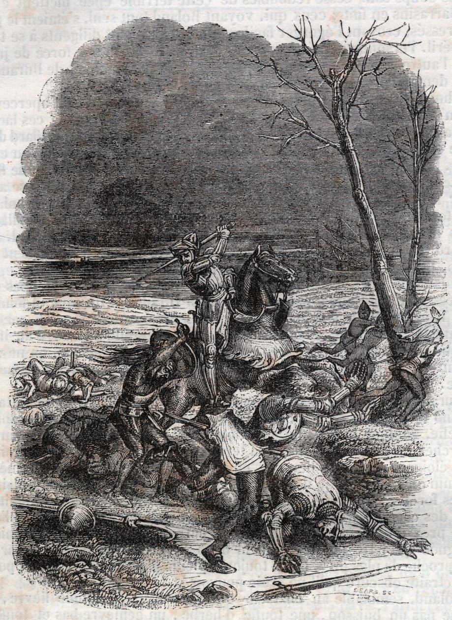 Roland massakerar folket i Cymosque - gravyr från 1851 från "" Furious Roland"" av Unknown artist