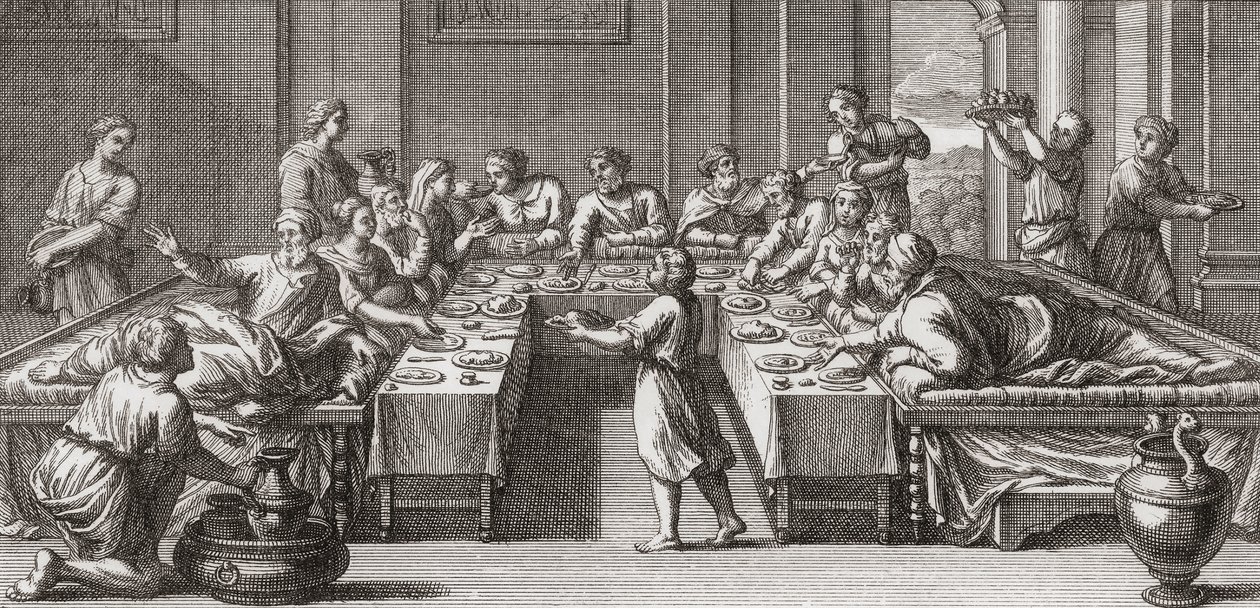 Romersk triclinium, eller matsal, med bord och soffor av Unknown artist