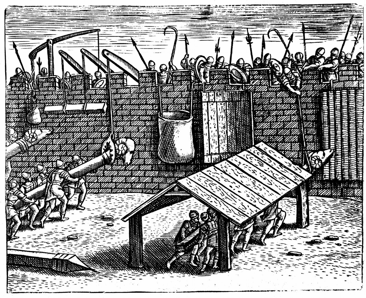 Romersk krigföring. Försvarare som försöker oskadliggöra murbräckor av Unknown artist