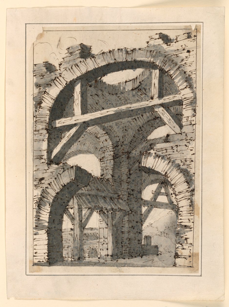 Grova stenbågar förstärkta av träbjälkar av Unknown artist