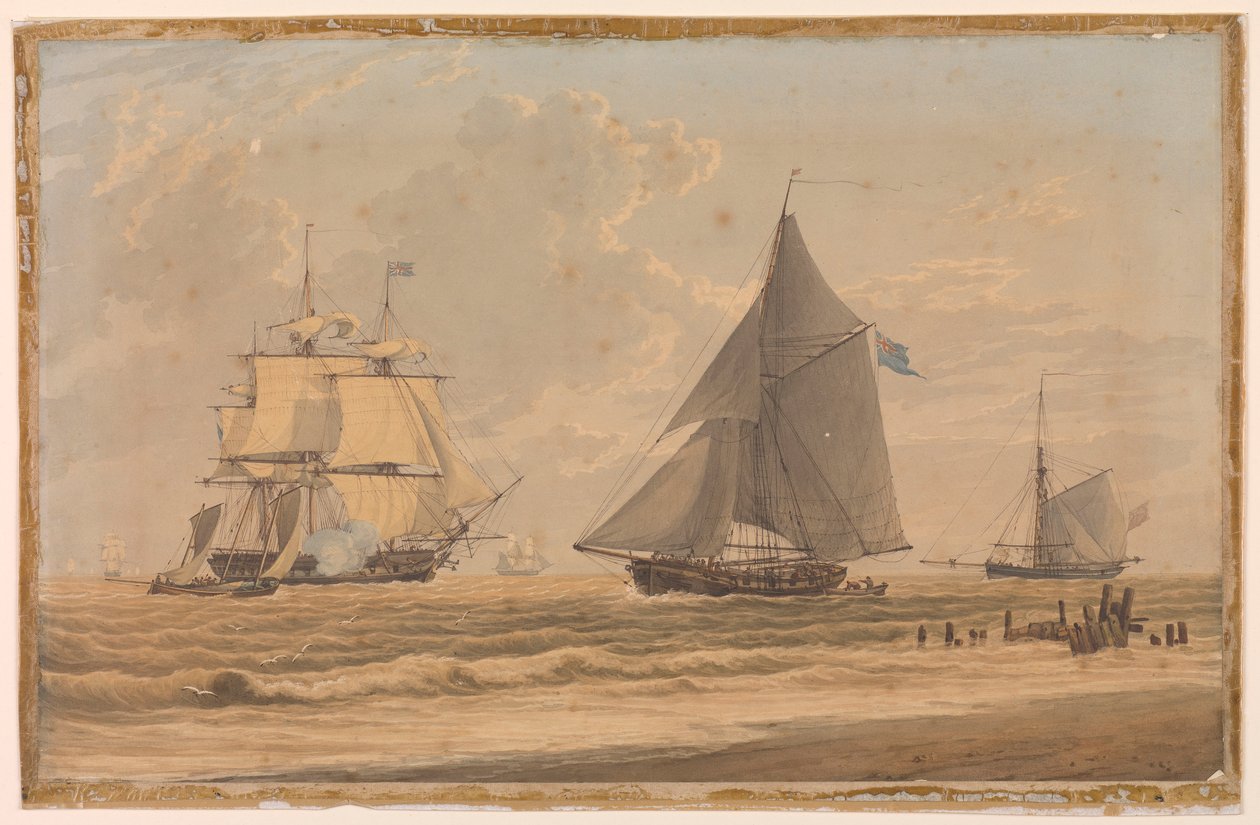 Segelfartyg från Royal Navy vid kusten, tidigt 1800-tal (akvarell) av Unknown artist