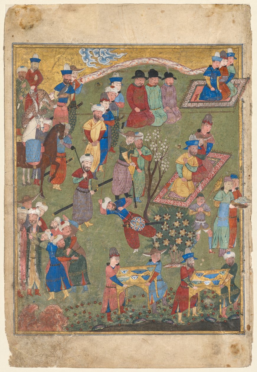 Kunglig mottagning i ett landskap, vänster folio från den dubbla frontispicen på en Shahnama (Kungarnas bok) av Firdausi (persiska, cirka 940–1019 eller 1025) av Unknown artist