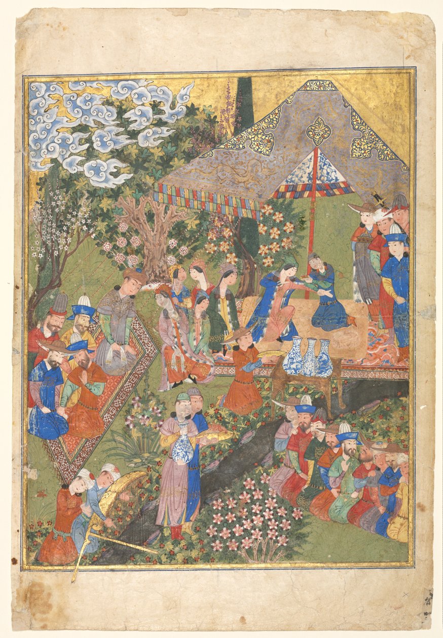 Kunglig mottagning i ett landskap, höger folio från en dubbelsidig framsida av en Shahnama (Kungarnas bok) av Firdausi (940–1019 eller 1025) av Unknown artist