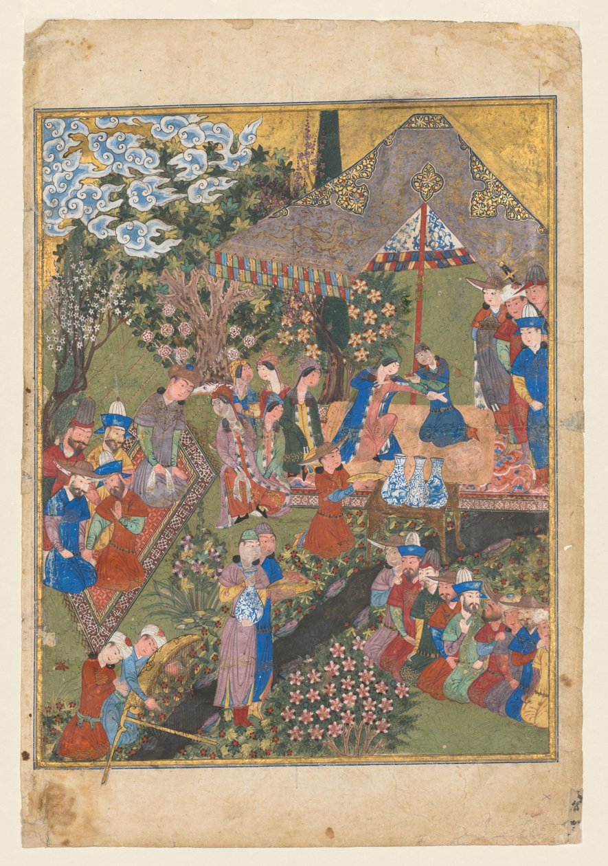 Kunglig mottagning i ett landskap, höger folio från den dubbla frontispicen på en Shahnama (Kungarnas bok) av Firdausi (persiska, cirka 940–1019 eller 1025) (verso) av Unknown artist