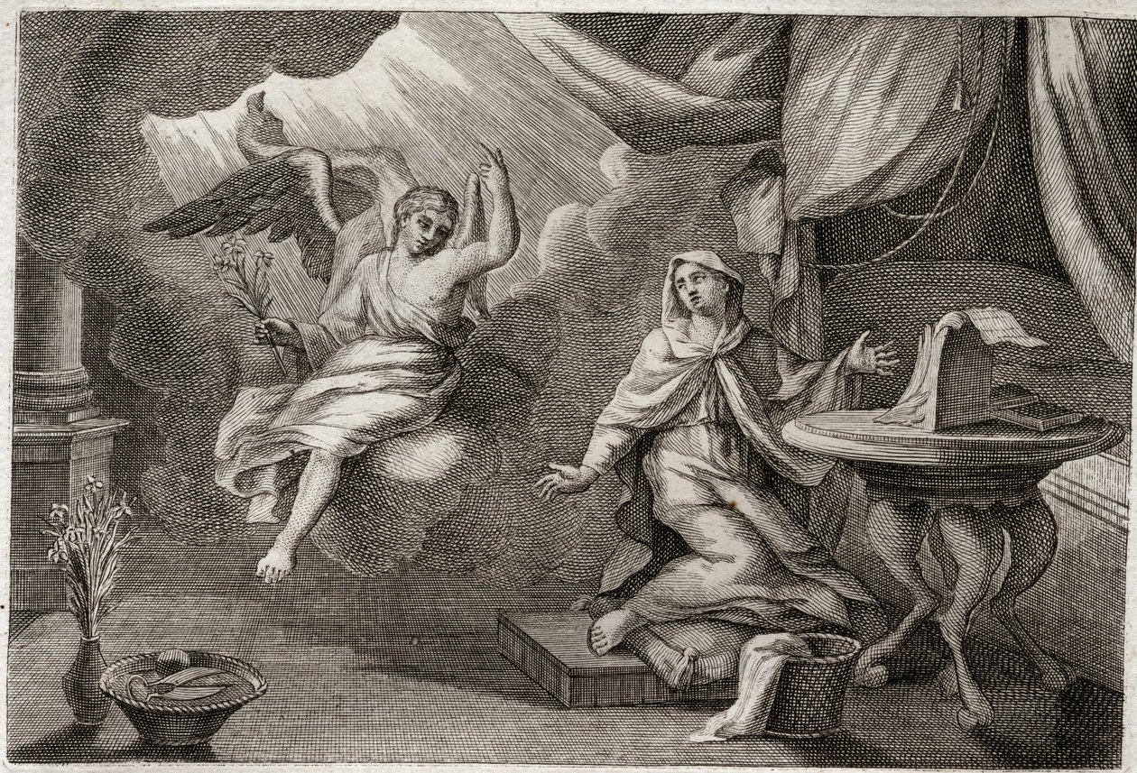 Royaumont Bibeln, Nya testamentet: Jungfruns bebådelse. Ärkeängeln Gabriel har kommit för att överlämna ett budskap till Maria. Illustration från 1811. av Unknown artist