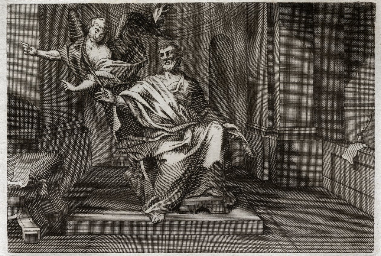 Royaumont Bibeln, Nya testamentet: Evangelisten Saint Matteus med ängeln. Illustration från 1811. av Unknown artist