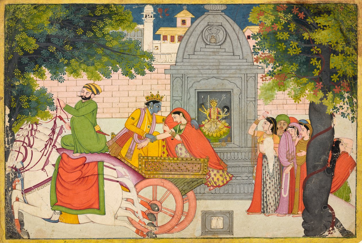 Rukmini rymmer med Krishna, folio från en <em>Bhagavata Purana</em> av Unknown artist