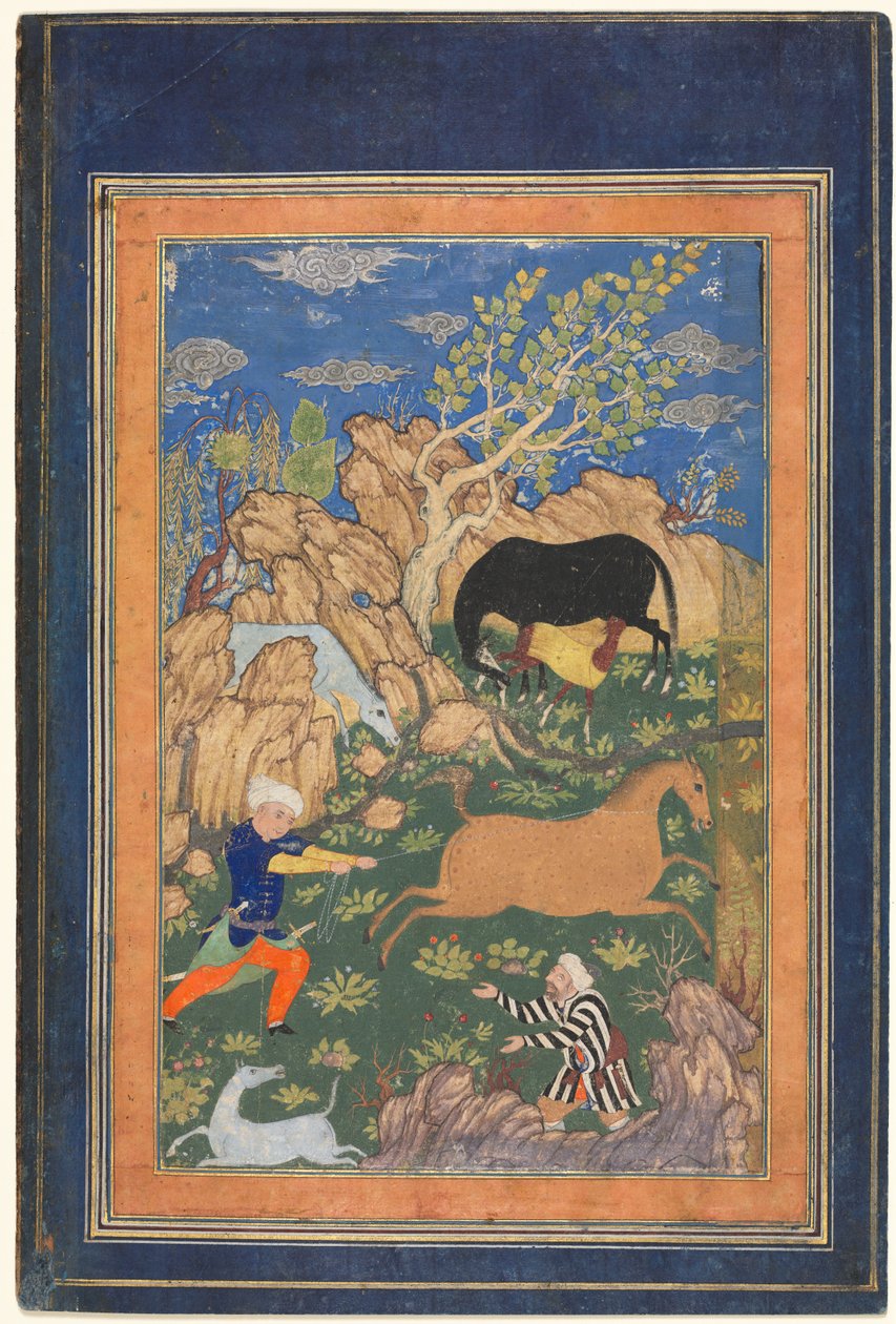 Rustam Lassoing his Horse, Rakhsh, in a Landscape (recto) av Unknown artist