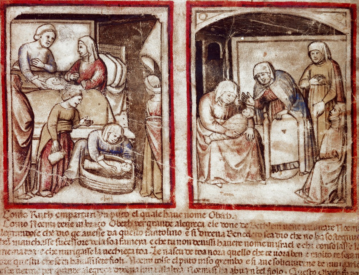 Rut föder Obed (Obeth) son till Boaz (Boaz) miniatyr från Codex 212 (eller Padovan Codex eller Bible of Padua) 1390-1400 Rovigo, Accademia dei Concordi av Unknown artist