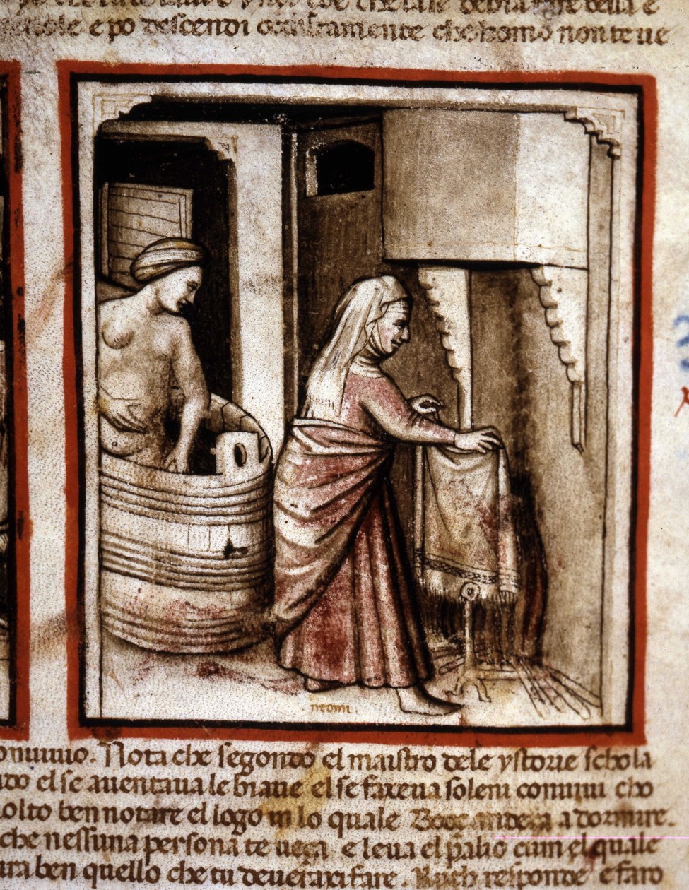 Ruth gör sin toalett med hjälp av sin svärmor Noemi (Naomi, Noemie) innan hon sover i sin man Boaz (Booz) säng. Ruts bok. Miniatyr från codex 212 (eller padovano codice eller Bible of Padua) 1390-1400 Rovigo, Accademia dei Concordi av Unknown artist