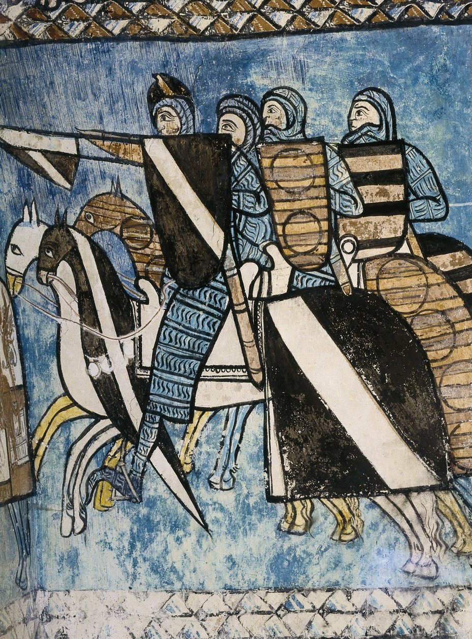SPANIEN. KASTILIEN OCH LEON. Valladolid. Klostret San Bernardo de Valbuena. Kastilianska armén, grupp kristna soldater som rider på hästar. Freskomålning från 1300-talet om "La Reconquista". Gotisk konst av Unknown artist