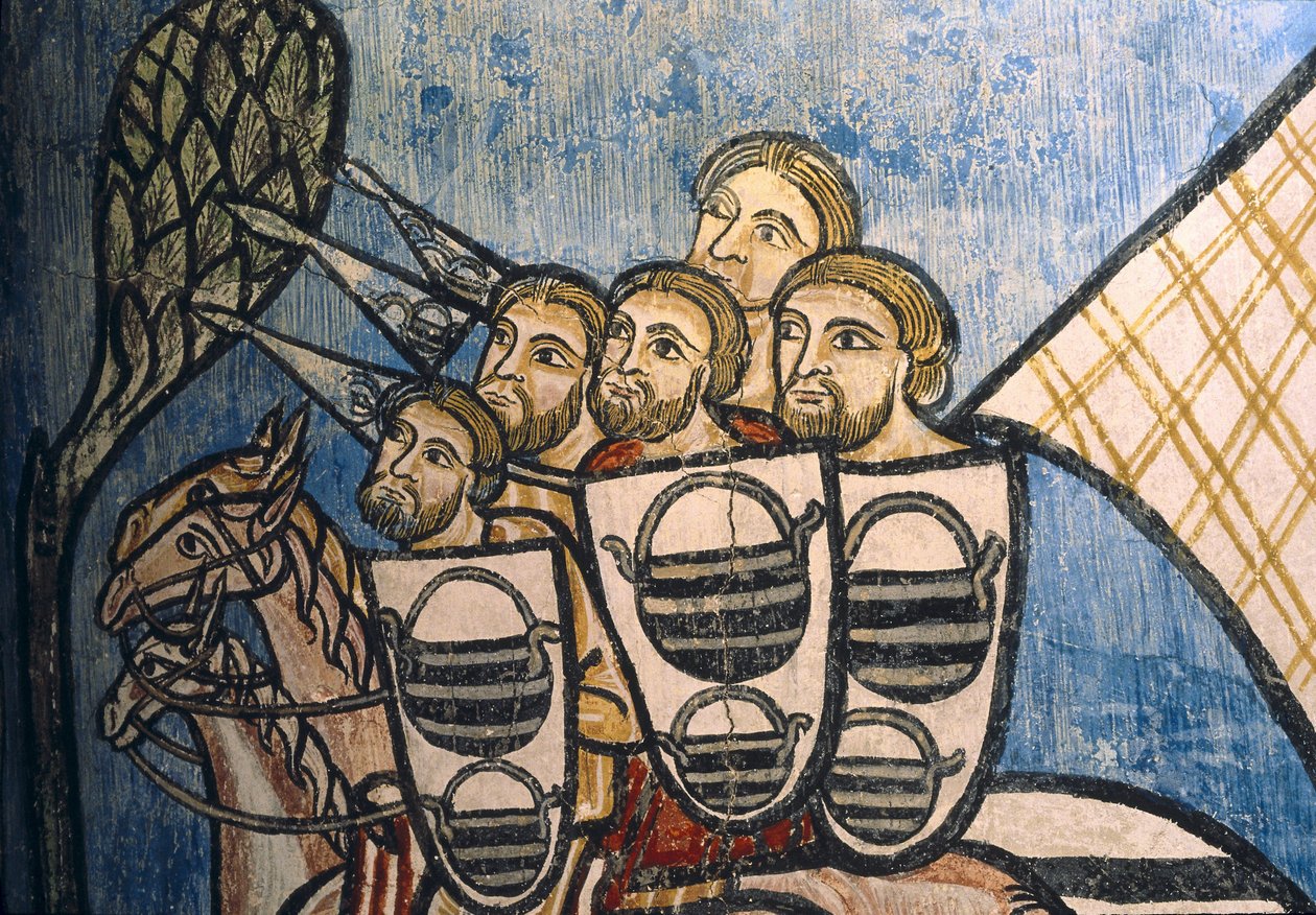 SPANIEN. KASTILIEN OCH LEON. Valladolid. Klostret San Bernardo de Valbuena. Grupp av kristna soldater till häst. Kastiliansk skola. 1300-talet. Freskomålning om "La Reconquista". Gotisk konst av Unknown artist