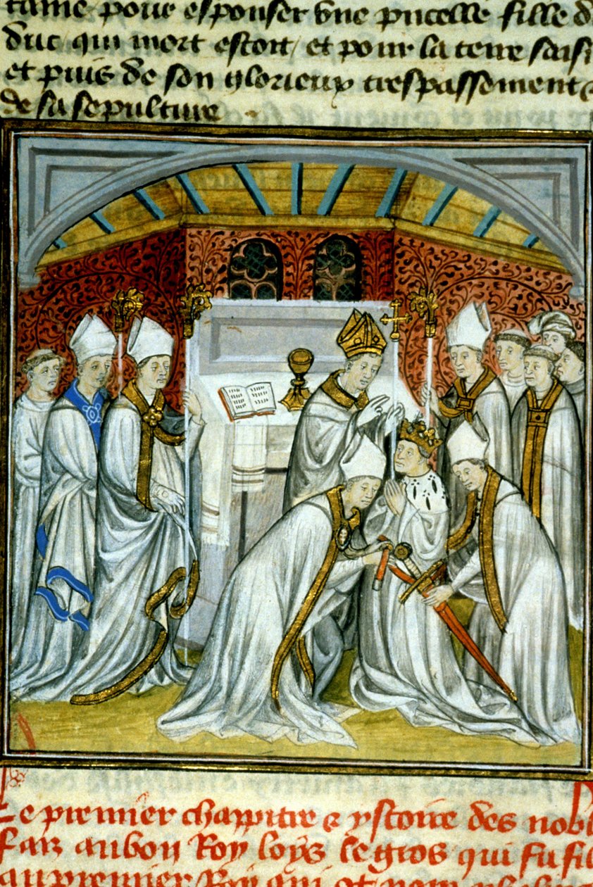 Sacre of Louis VI (1108) - Belysning av manuskript på velin från medeltiden "" Great Chronicles of Saint-Denis"" sent 1300-tal (ref.512 av Unknown artist