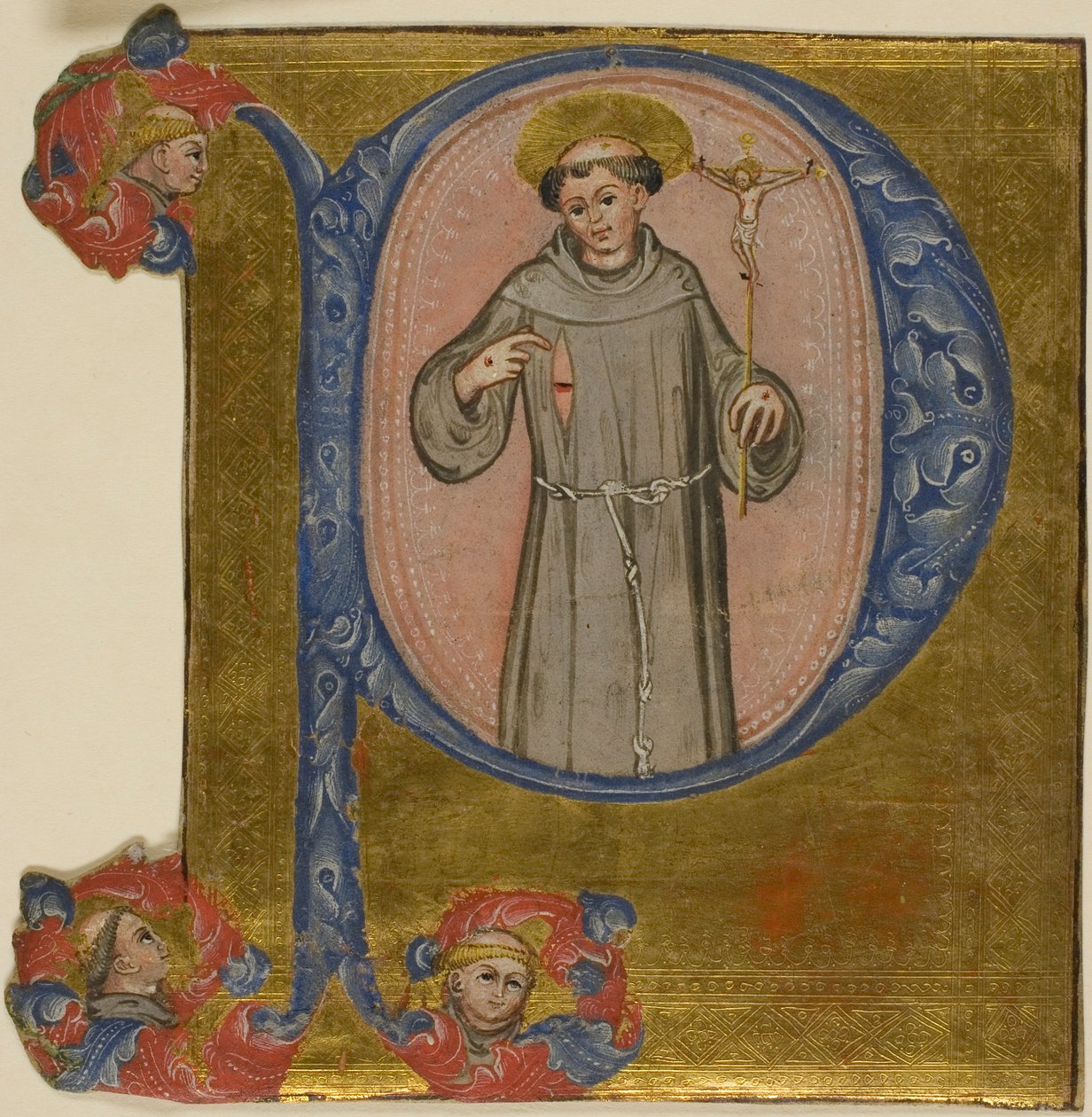 Sankt Franciskus i ett historiserat inledande "P" av Unknown artist