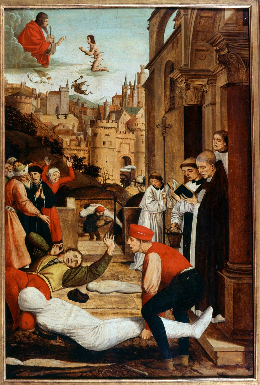 Saint Francois ber under en pestepidemi under begravningen av döda kroppar. Anonym målning av Unknown artist
