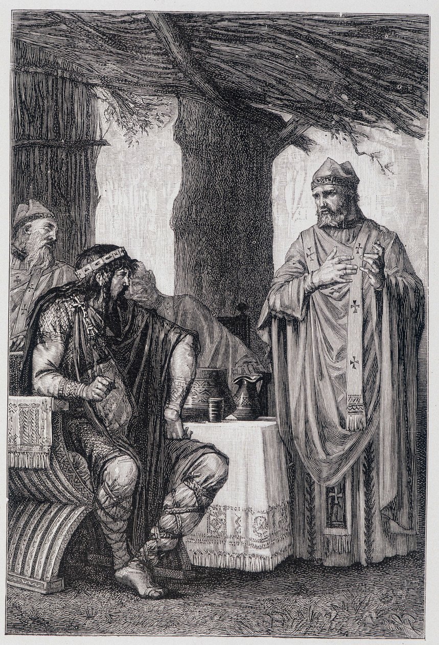 Saint Gregoire of Tours (538-594) mot Chilperic I (539-584) kung av Neustrien. av Unknown artist