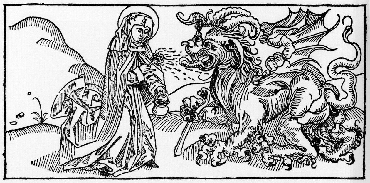 Sankta Marta och Tarasken - Gravyr från "Leben der Heiligen - sommerteil" (Helgonets bok) av Jacobus (James) från Voragine (1228-1298). Lübeck 1488. av Unknown artist