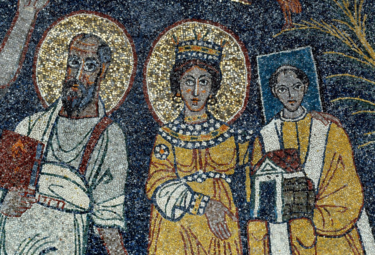 Saint Paul, Saint Cecile och Saint Pascal Detalj av Kristus och sex helgon. Anonym mosaik, 821. Rom Basilica di Santa Cecilia in Trastevere av Unknown artist