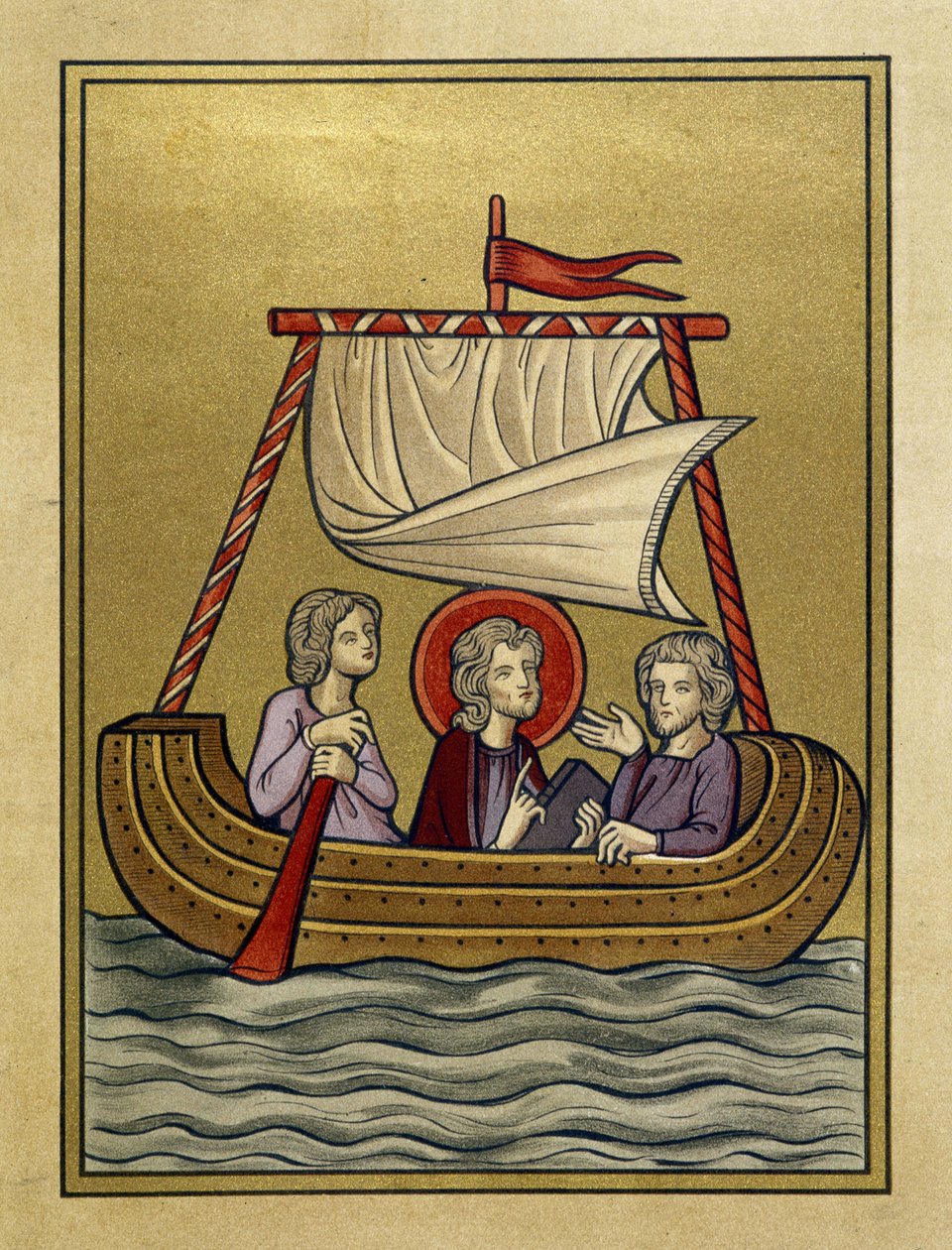 Saint Paul, Saint Sylvain (eller Silas) och Saint Timothy på en båt - från miniatyr av Unknown artist