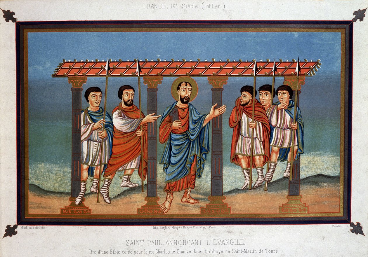 Sankt Paulus förkunnar evangeliet - från en bibel skriven för kung Karl den skallige i klostret Sankt Martin av Tours, 900-talet av Unknown artist