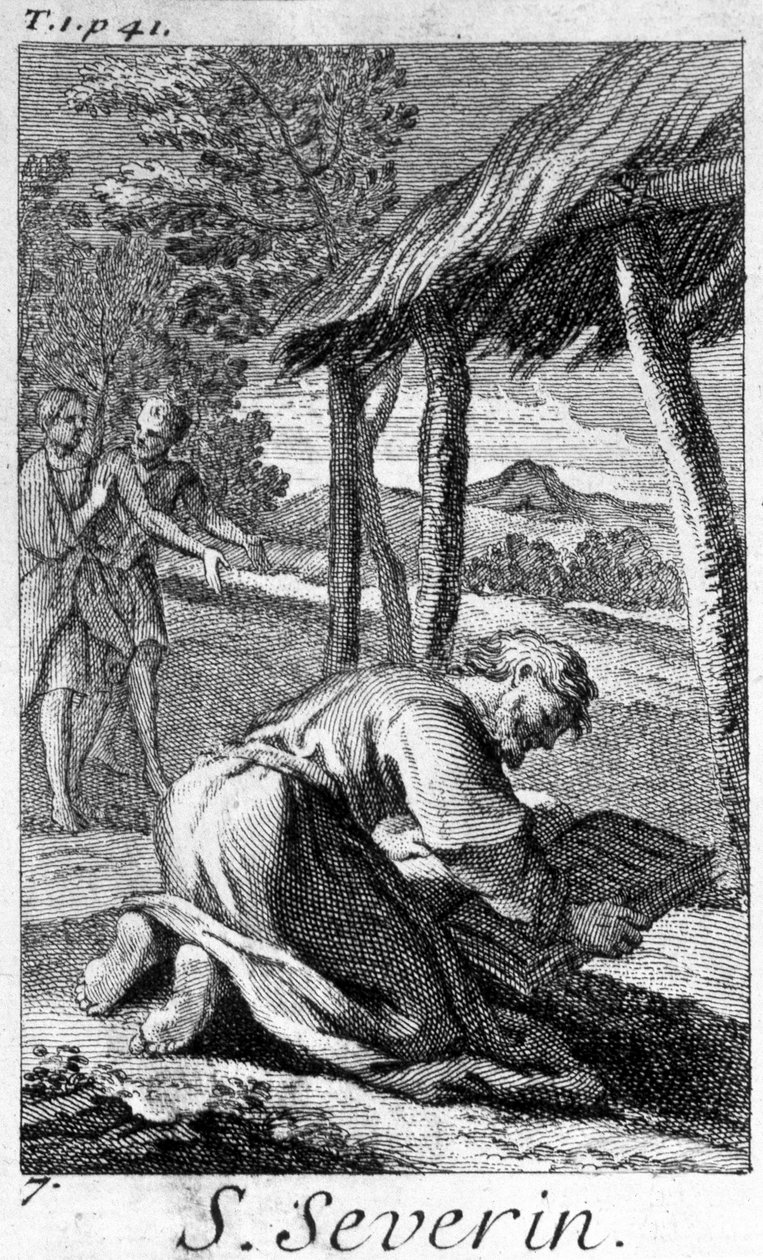 Saint Severin, evangelisator för Noric (nuvarande Österrike), läser. Gravyr av 1600-talet. av Unknown artist